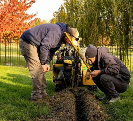 Two workers inspect a trench beside a yellow machine in a grassy park with autumn trees.