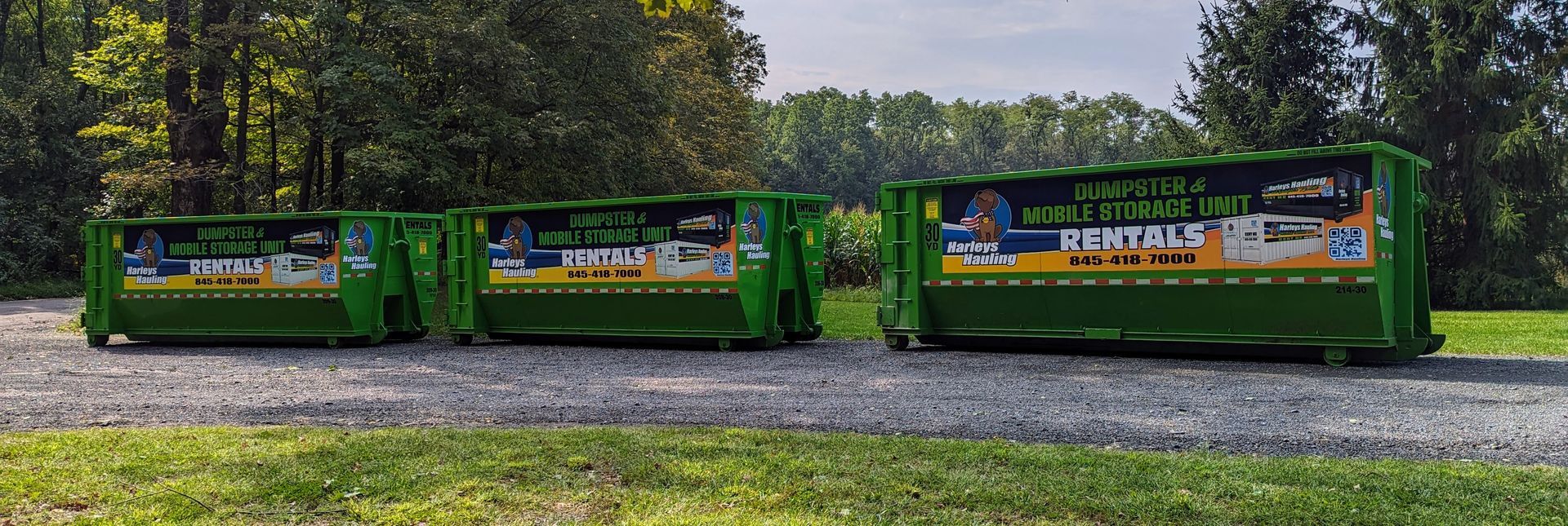 Three green bus-like vehicles parked on a gravel road beside trees, with colorful advertisements on the sides