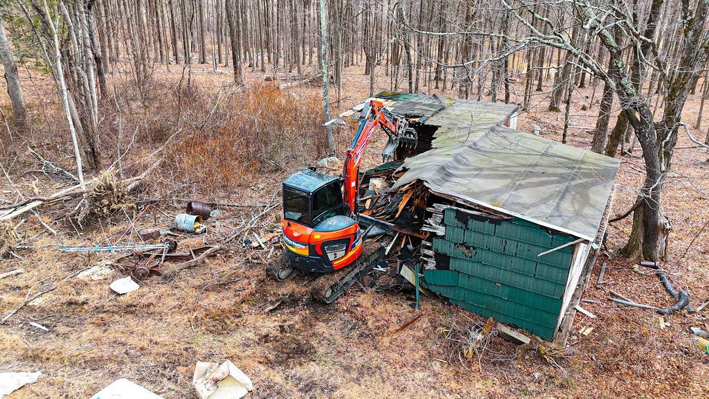 Excavator demolishing a small green shed in a leafless wooded area