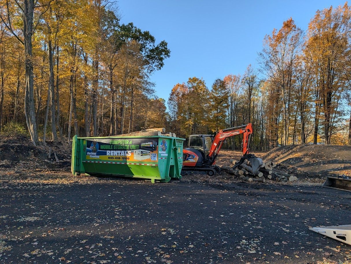 Green dumpster and orange excavator at a wooded construction site with autumn trees.