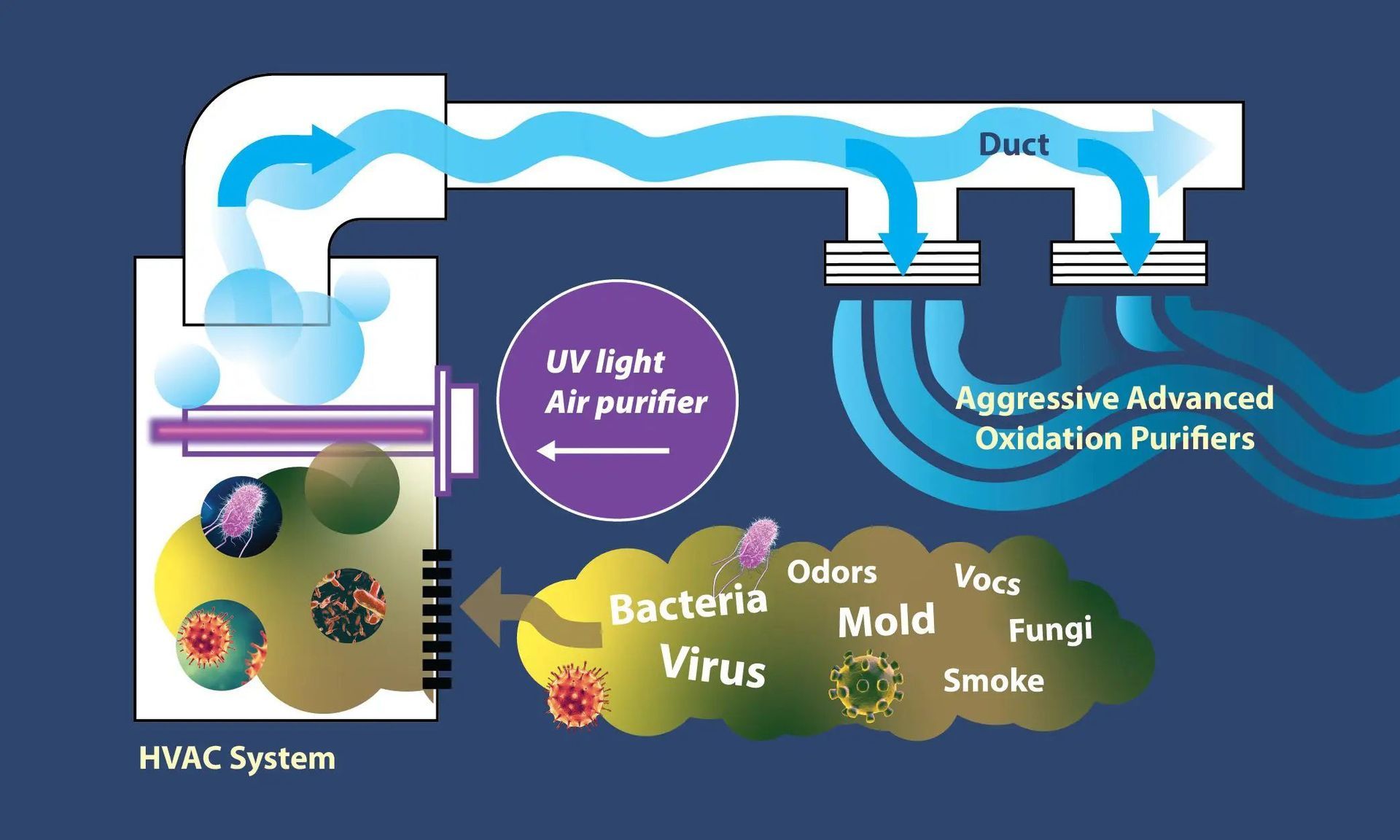 Diagram of an HVAC system with air purification stages, showing UV light and oxidation purifiers eliminating contaminants like bacteria and mold.