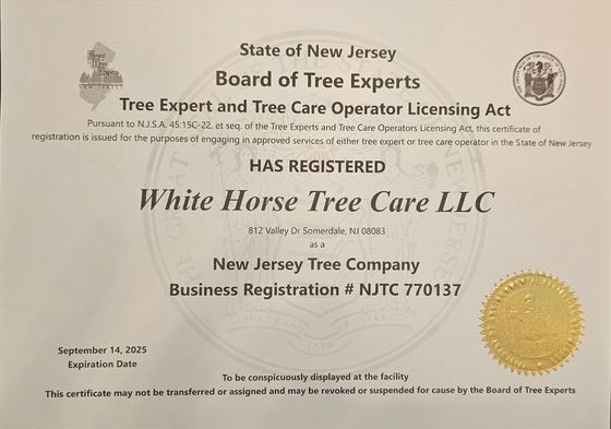 White Horse Tree Care New Jersey Board of Tree Experts License