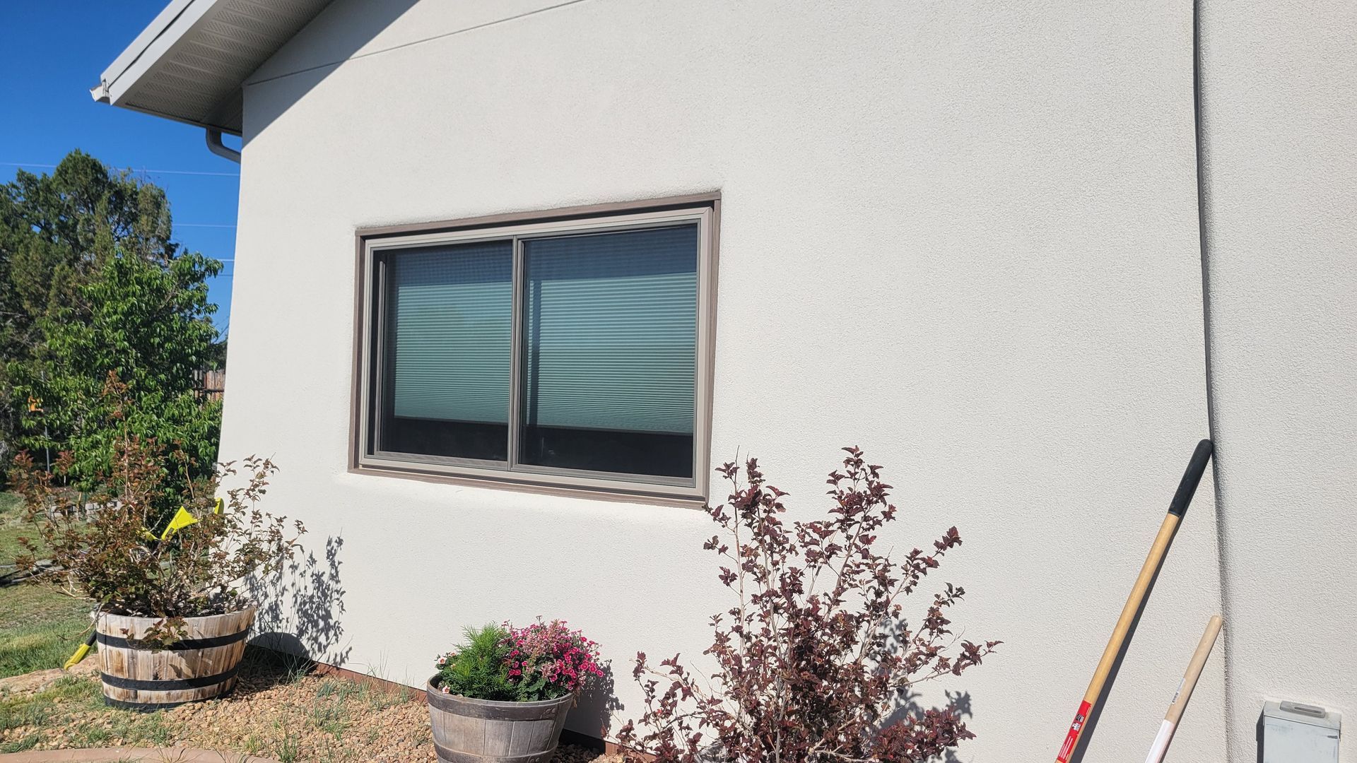 Exterior house wall with a window, plants, and a rake.