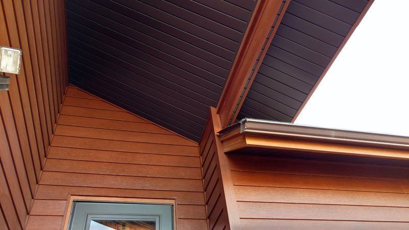 Brown siding and soffit on a building's exterior, with a gutter and a small light fixture.