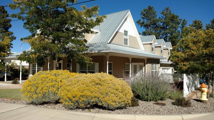 Beige house with a silver roof, porch, and yellow bushes in front. A fire hydrant is on the right.