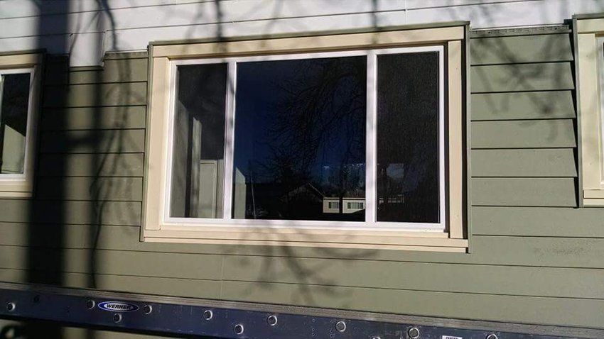 Window with white frame on green siding.