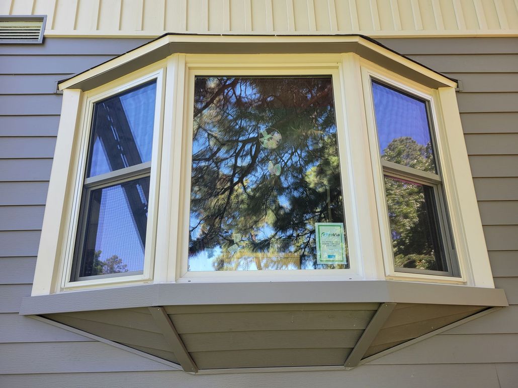Bay window on a gray house with white trim. The windows reflect trees and sky.
