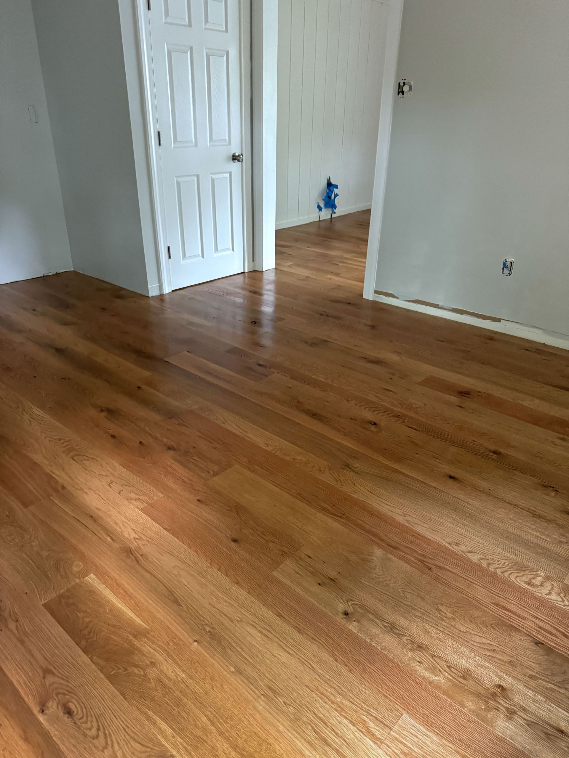 Newly installed hardwood floor in a room, reflecting light. White door and doorway visible.