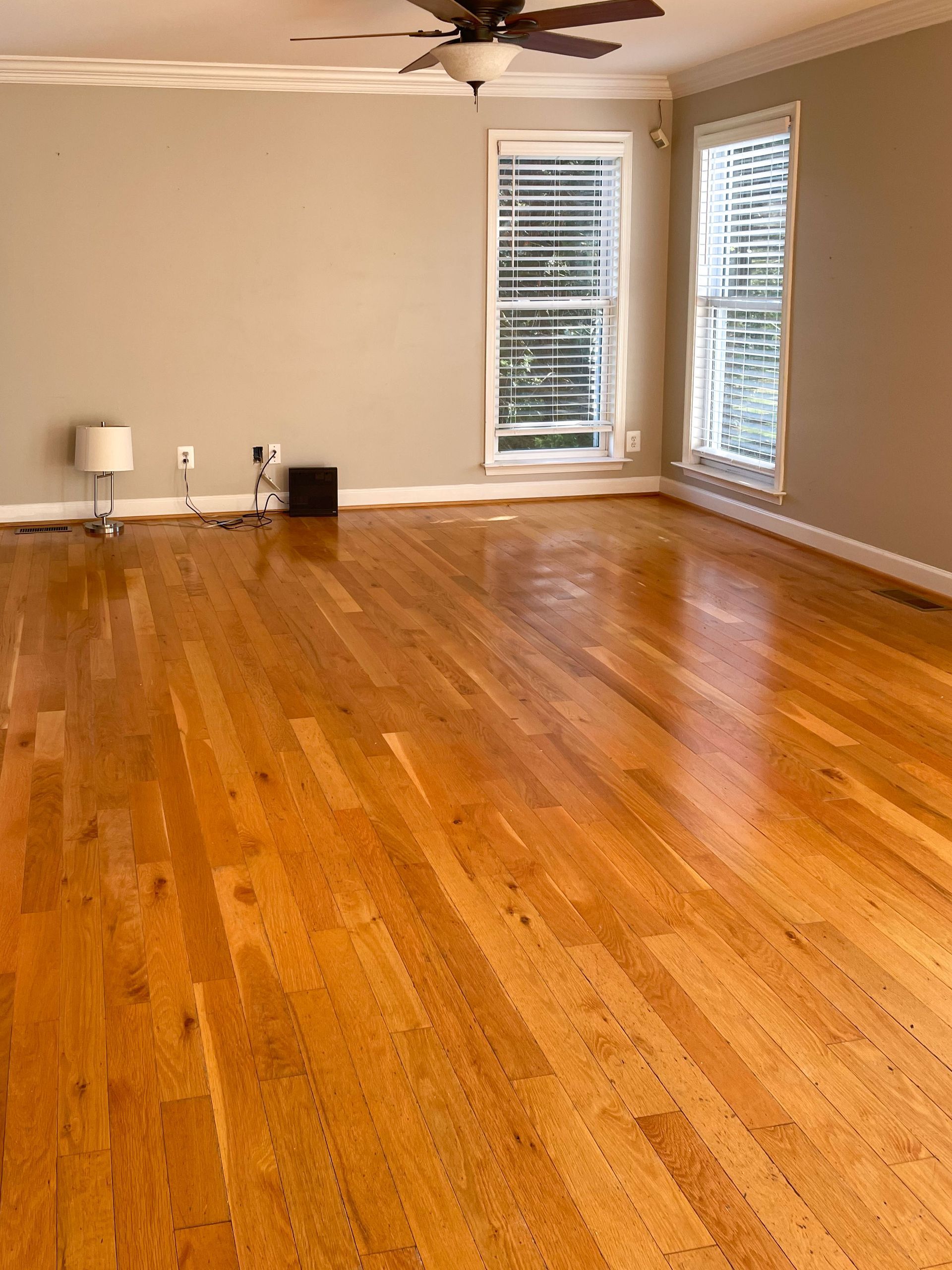 Empty room with hardwood floors, two windows with blinds, and a ceiling fan.