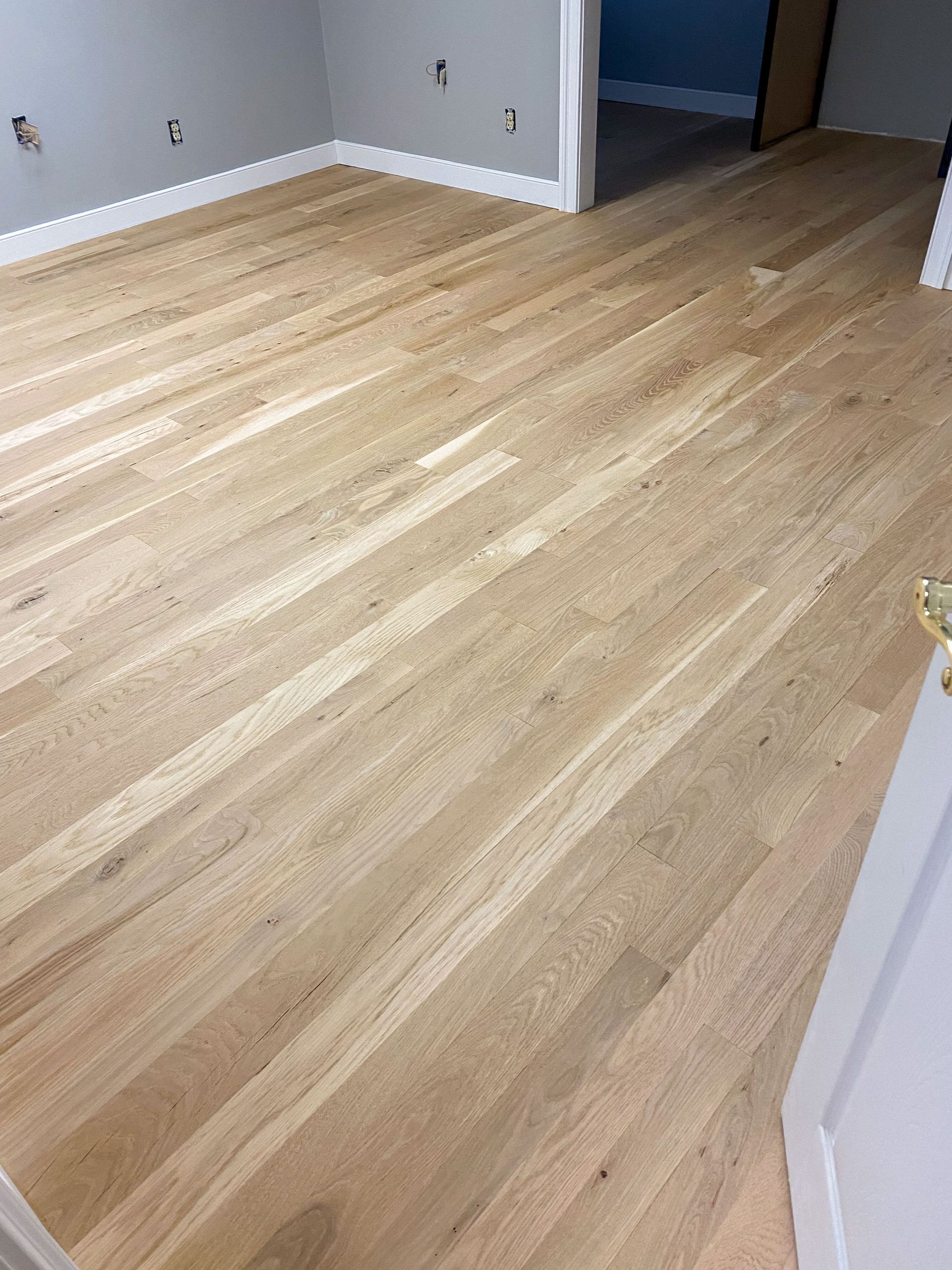 Light wood floor planks in a room with white trim and gray walls.