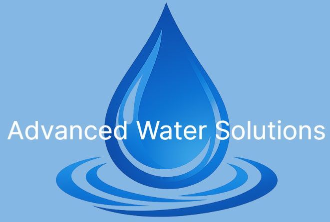 A blue water droplet icon centered over ripples with the white text "Advanced Water Solutions" on a light blue background.