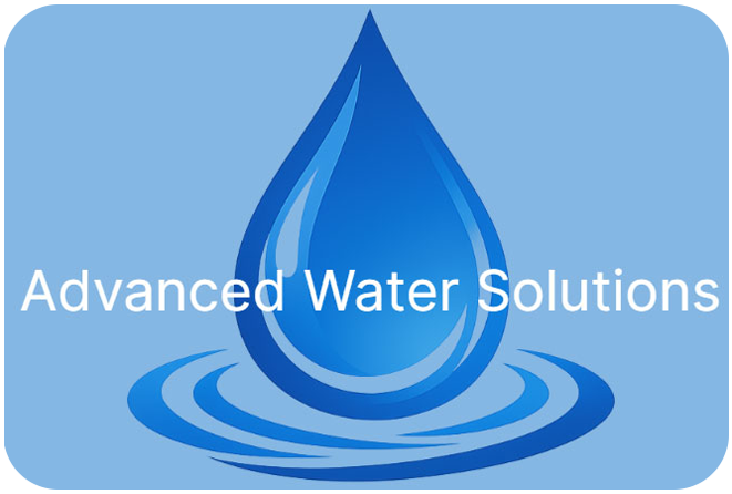 A blue water droplet icon above concentric ripples with the text "Advanced Water Solutions" on a light blue background.