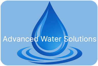 A blue water droplet icon above concentric ripples with the text "Advanced Water Solutions" on a light blue background.