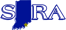 A blue and white logo for the state of indiana with a yellow star.