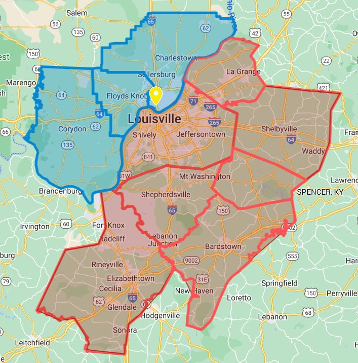 A map of louisville , ky with a yellow circle in the middle.