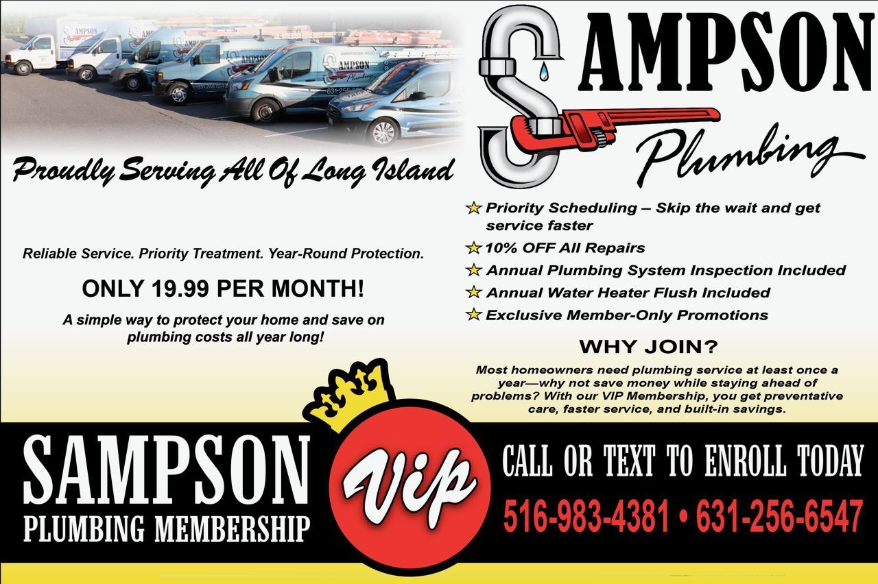 Sampson Plumbing ad with van photo, VIP membership offer, and phone numbers on black-and-gold banner