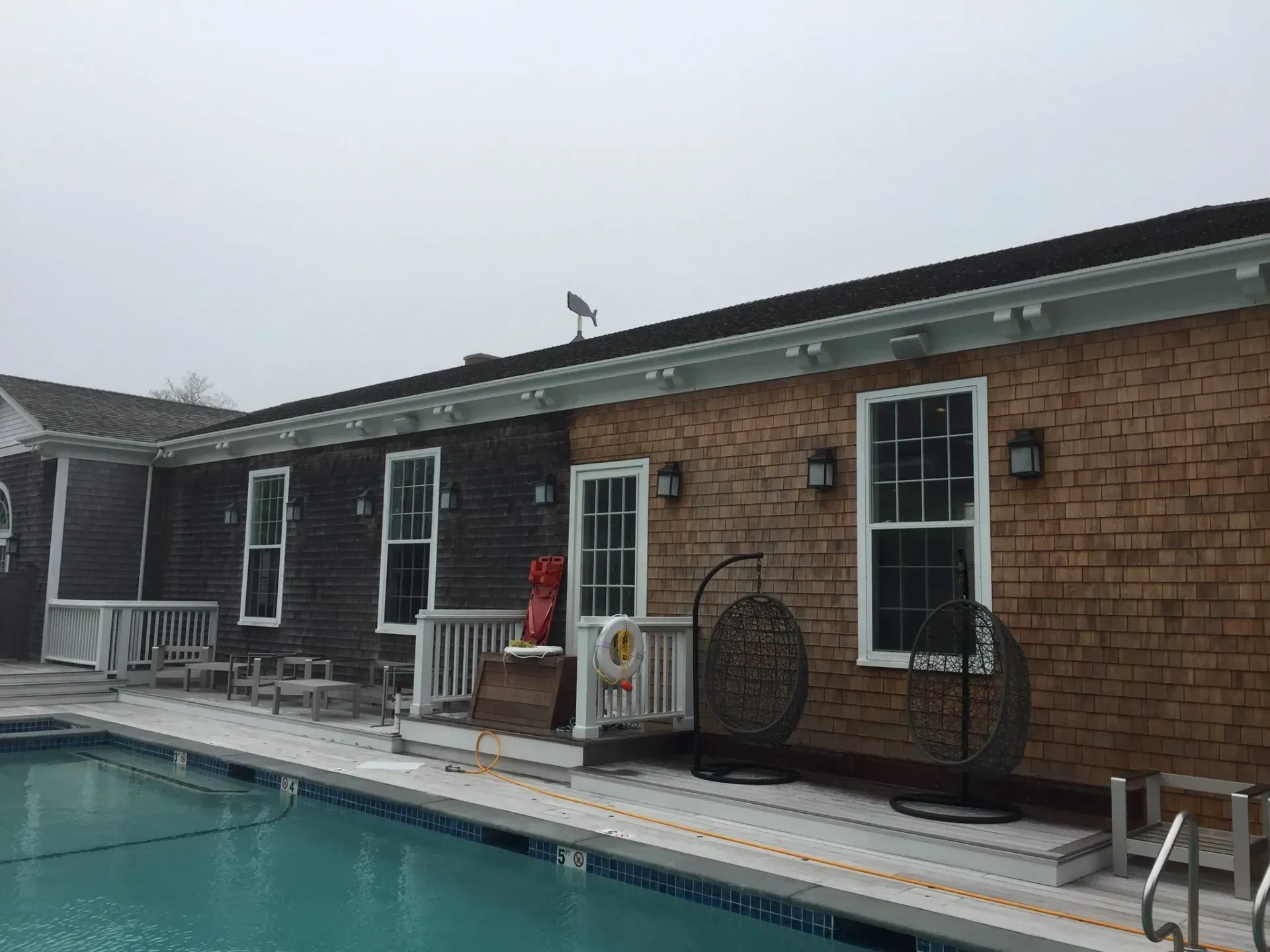Exterior view of a building with a pool. Dark and light brown siding, white-framed windows, with a bird perched on the roof.