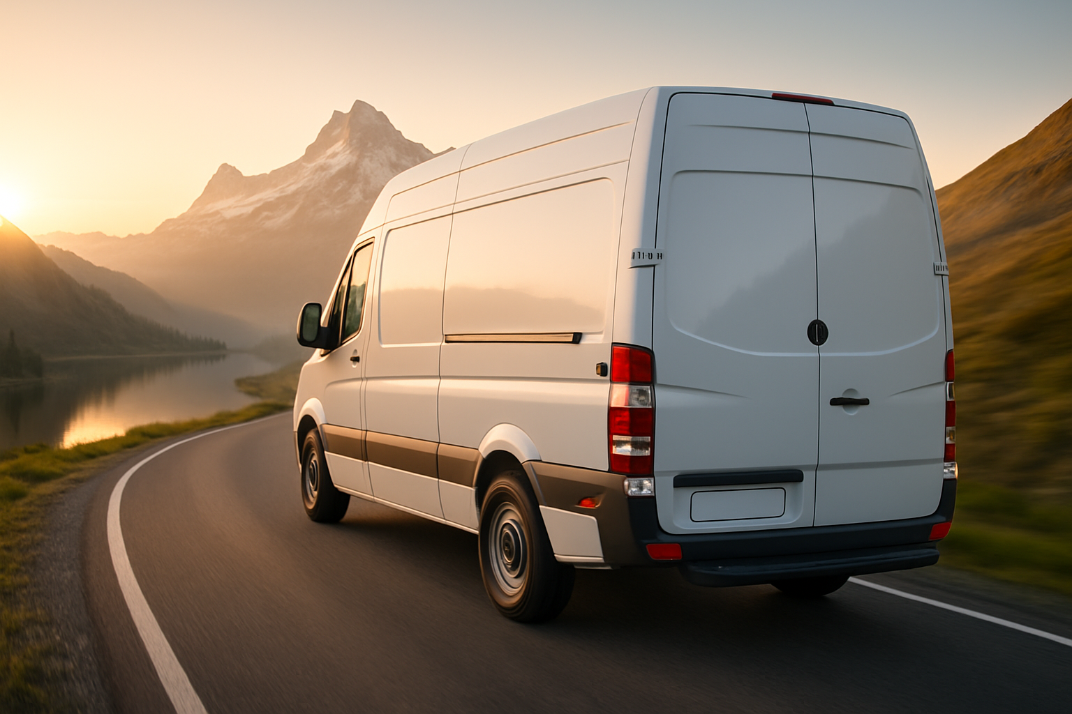 A row of white vans are parked in a parking lot