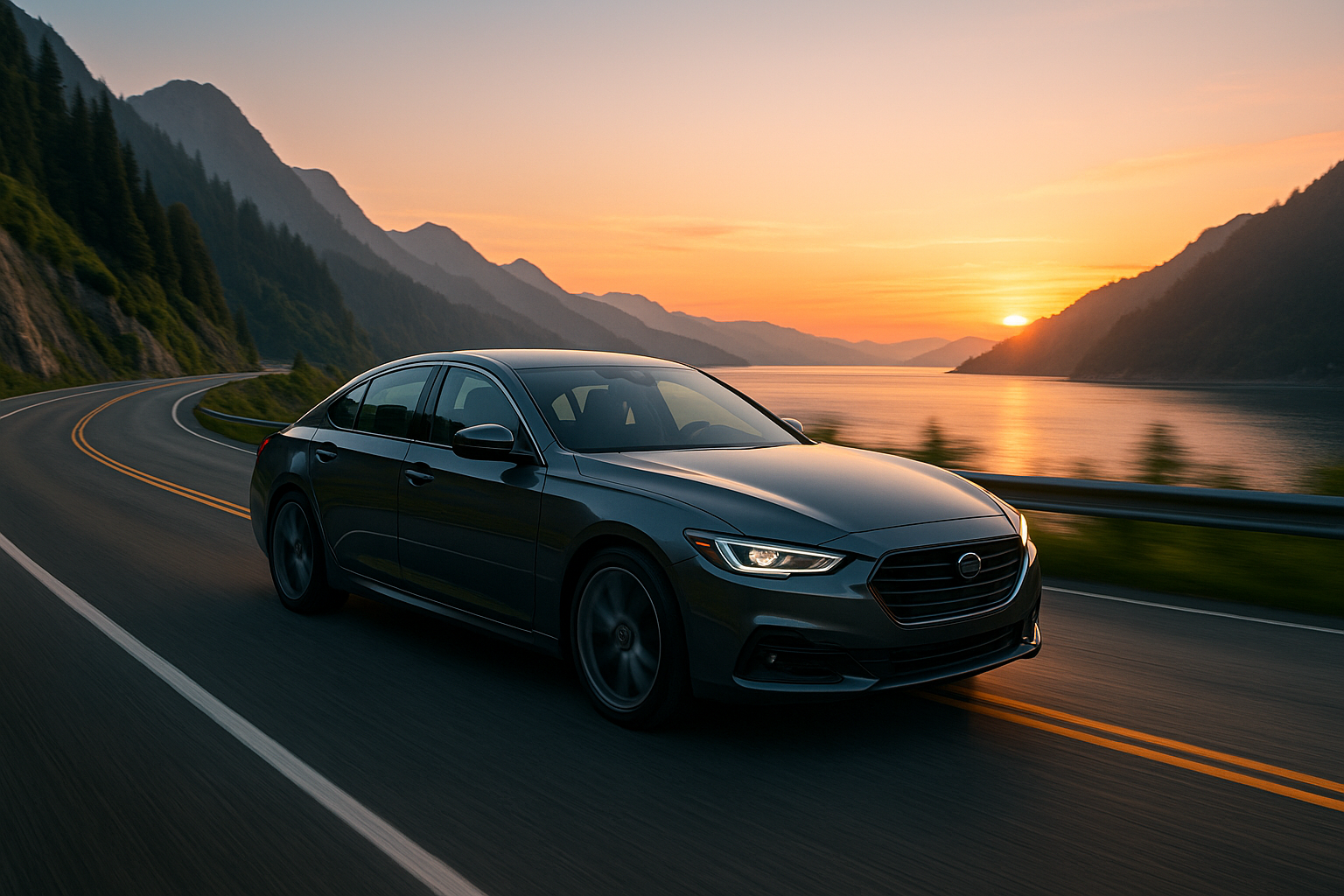 A close up of a red car 's headlights on a black background.