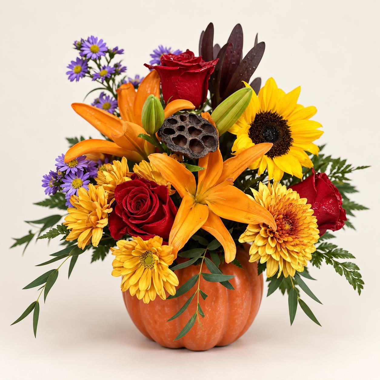 Autumn floral arrangement in a pumpkin vase with sunflowers, roses, lilies, and purple blooms