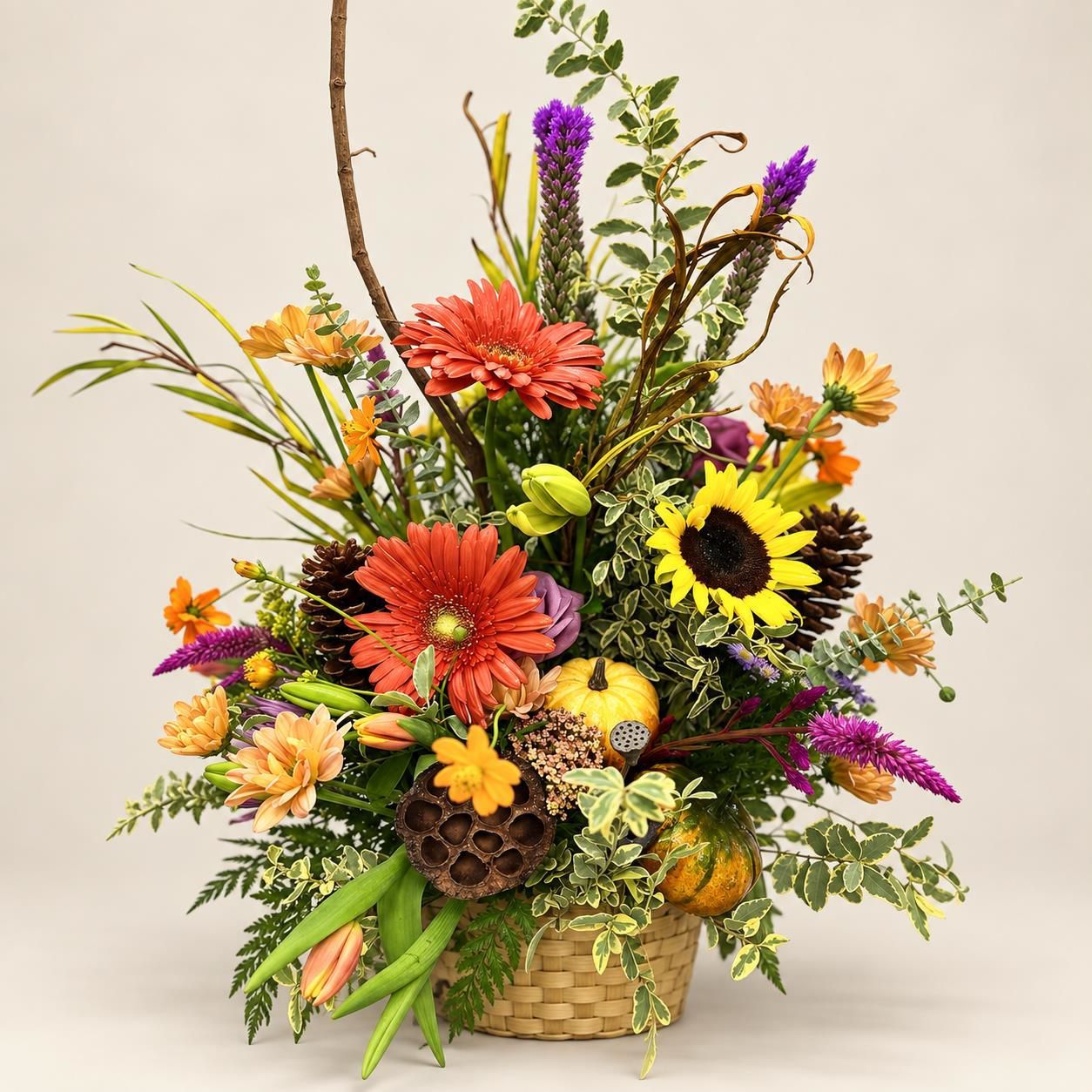 Colorful mixed flower arrangement in a wicker basket with sunflowers, daisies, and orange blooms
