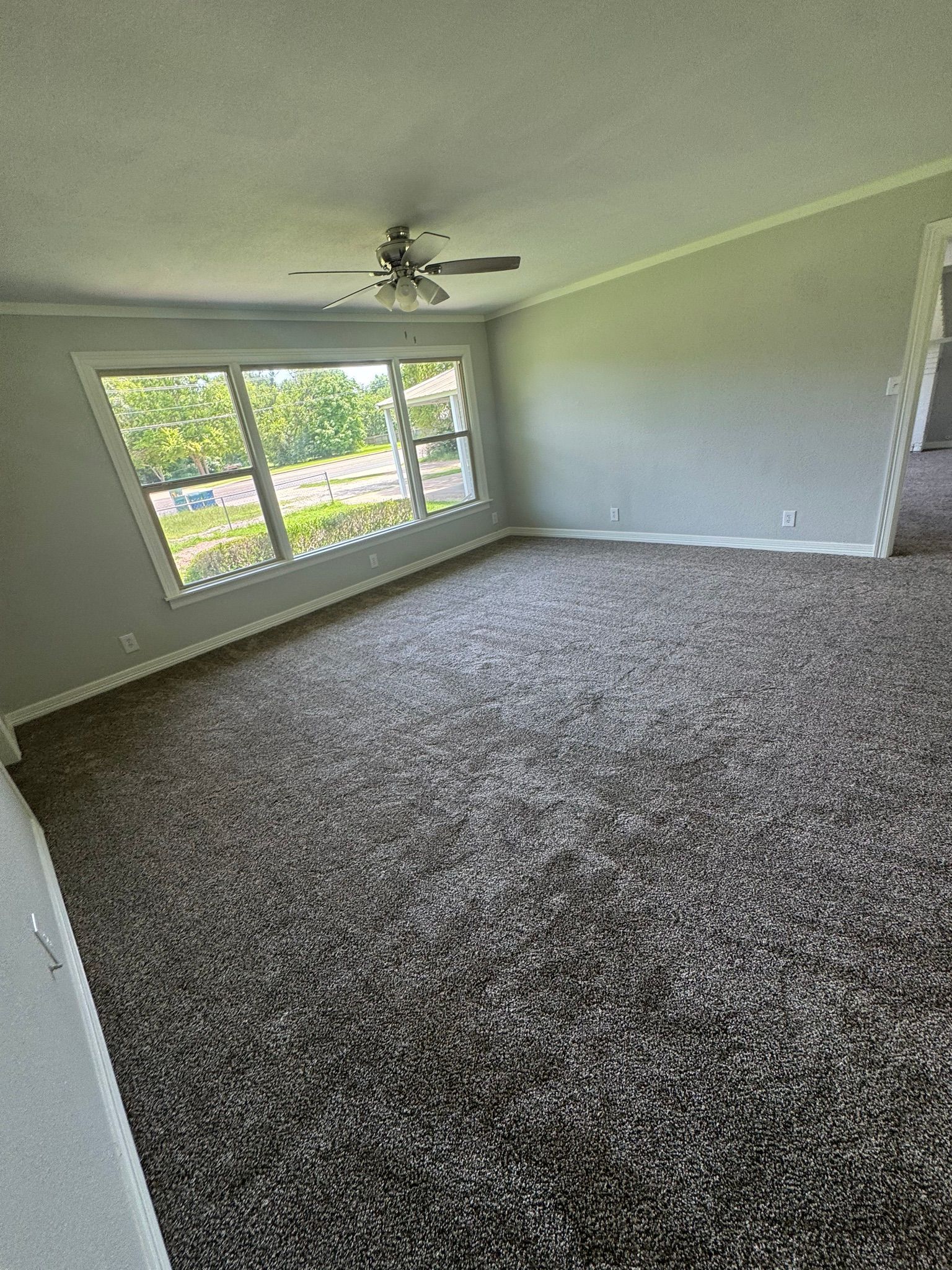 Empty carpeted living room with large window and ceiling fan, light gray walls and bright natural light