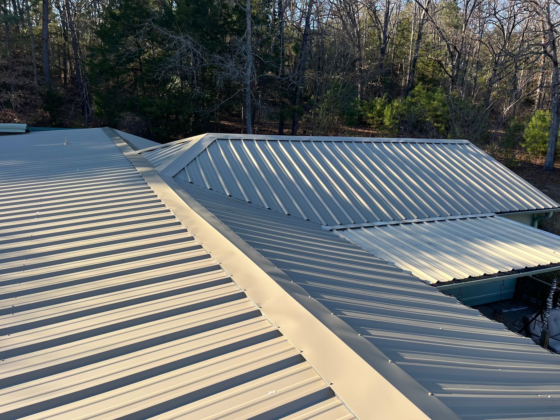 Metal roofs with light tan panels and skylights in a wooded area