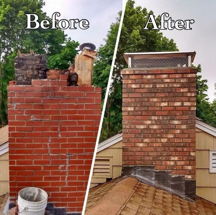 Before/after photo of a brick chimney. Old, damaged top replaced with a clean, screened cap. Cleaned bricks.