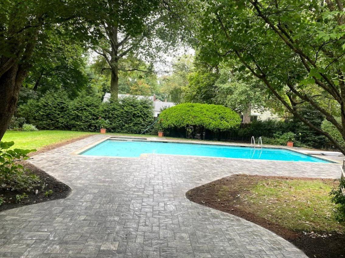 Pool surrounded by a stone patio, lush greenery, and trees; a sunny backyard.