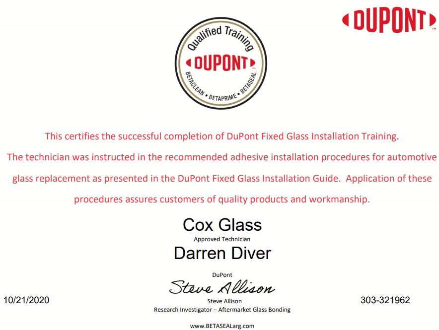 Cox Glass of Oroville, CA is a Dupont Certified Auto Glass Installer!