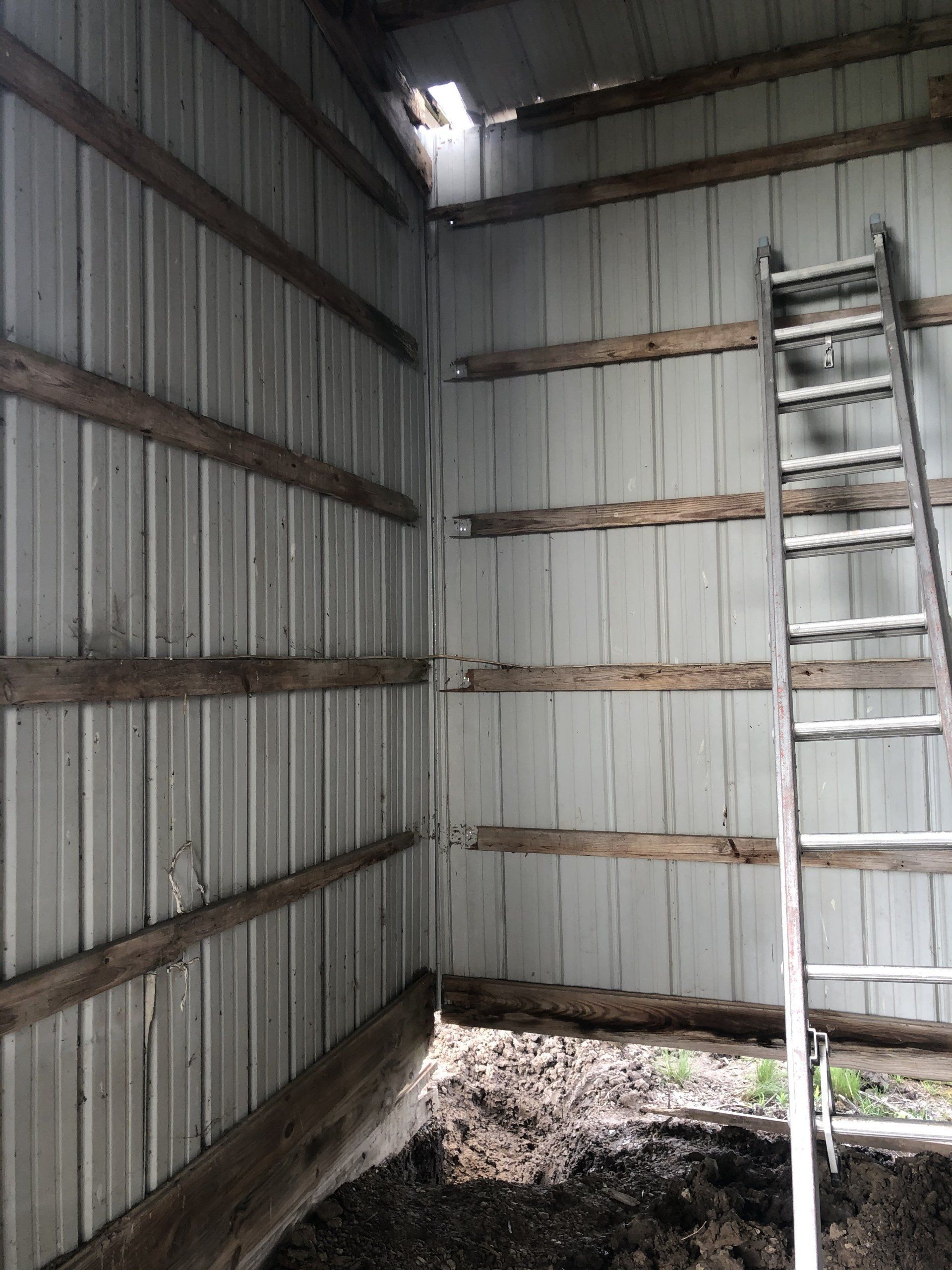 A ladder leans against the interior corrugated metal walls of a barn corner with an exposed dirt floor and roof gap.