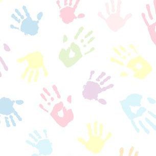 Multi-colored handprints scattered on a white background.