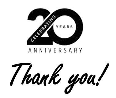 20th anniversary logo with “Thank you!” in black script on a white background