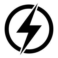 Black circular logo with a white lightning bolt cutting through it
