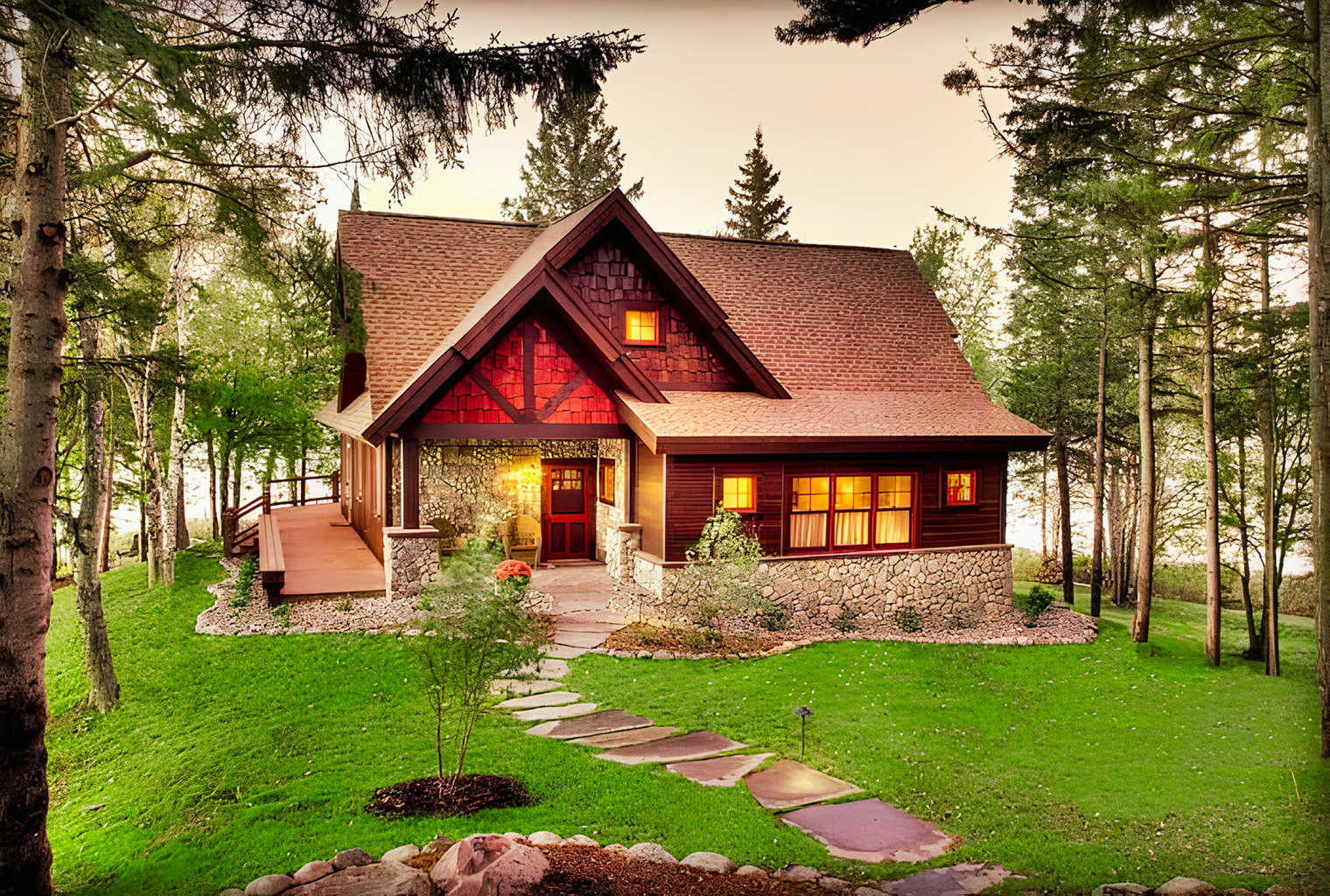 Cozy red-roofed cabin with warm lights, stone path, and lush green lawn in a forest clearing