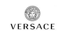 A black and white logo for versace with a medusa head in a circle.