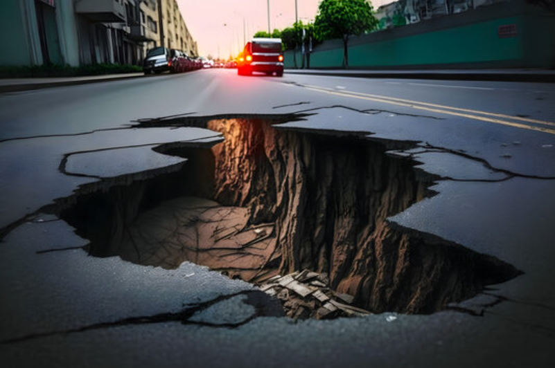A car is driving down a street next to a large hole in the ground.
