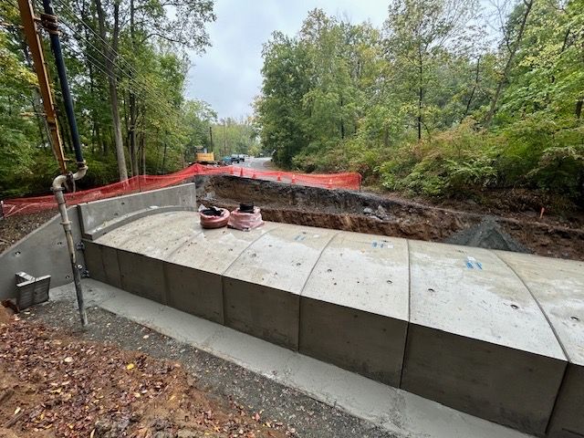 A large concrete wall is being built in the middle of a forest.