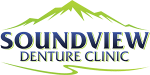 Soundview Denture Clinic logo with green mountain range over dark blue text on white.