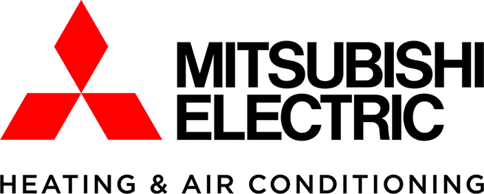 Mitsubishi Electric Heating & Air Conditioning logo with red three-diamond icon and black text