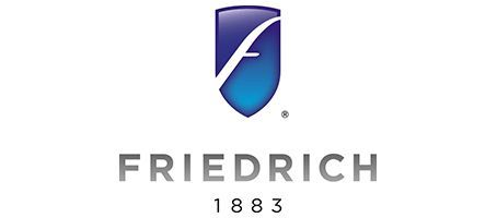 The Friedrich brand logo featuring a blue shield icon with a stylized white letter
