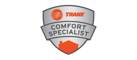 Trane Comfort Specialist badge, silver with orange house and logo.