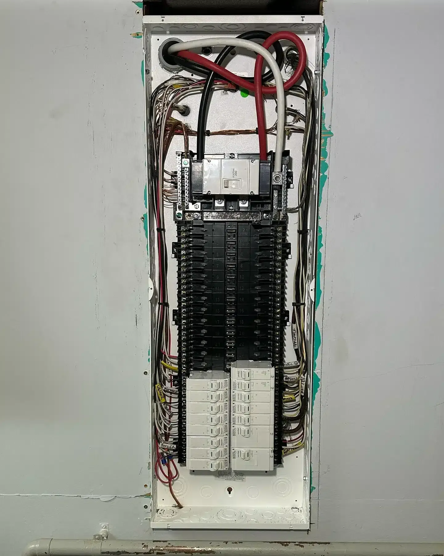 Electrical panel with rows of black circuit breakers and wiring.