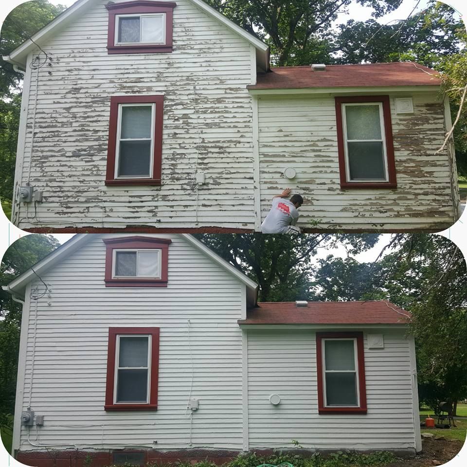 A before and after picture of a white house with red trim.