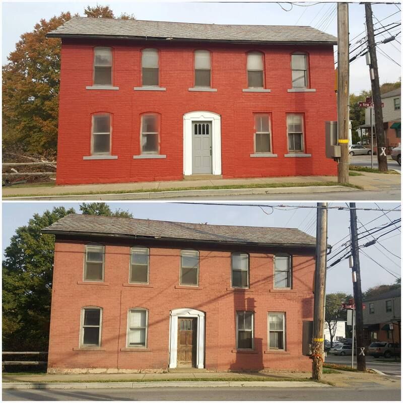 A before and after photo of a red brick building.
