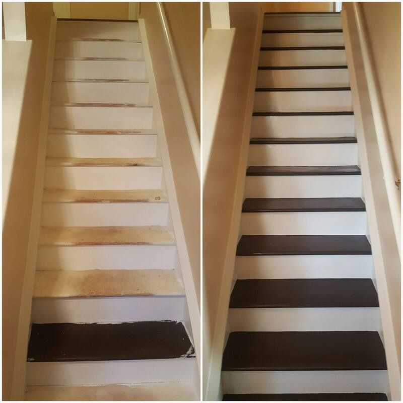A before and after photo of a set of stairs.