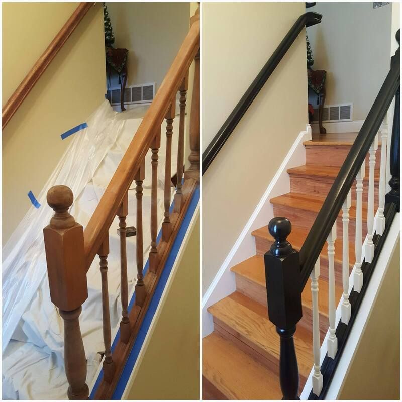 A picture of a staircase before and after being painted.