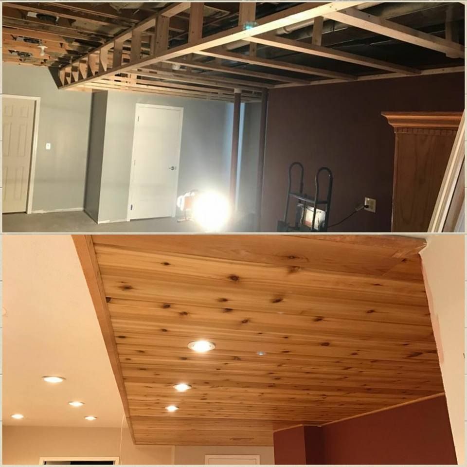 A before and after photo of a wooden ceiling in a room.