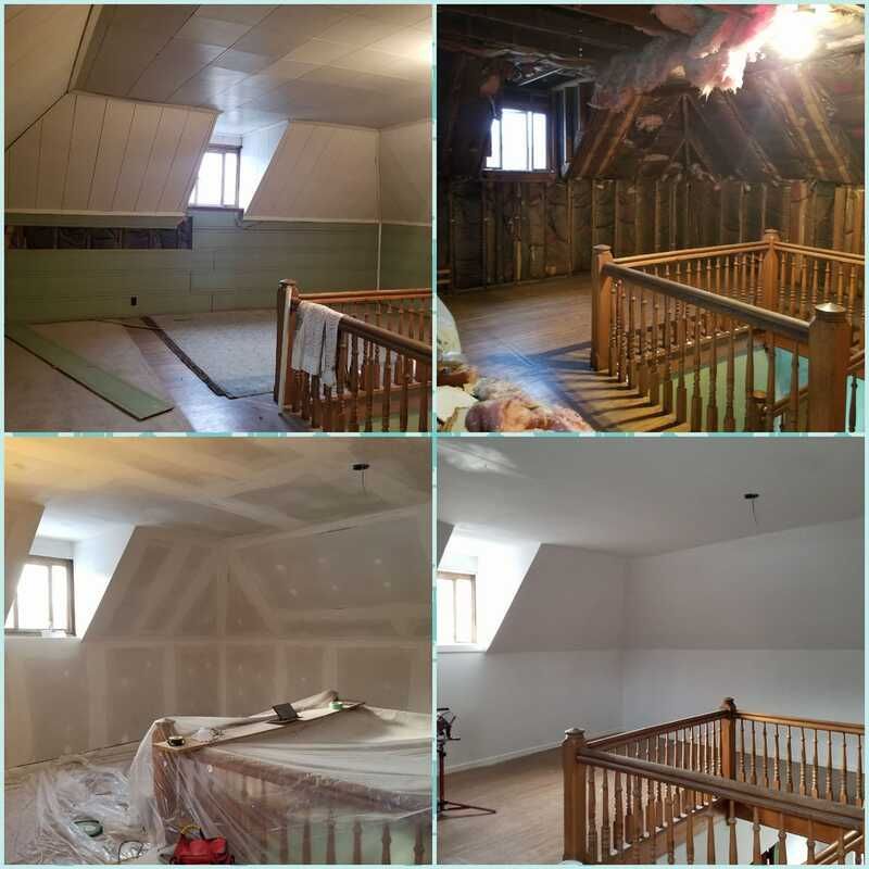 A collage of four pictures of a room being remodeled.