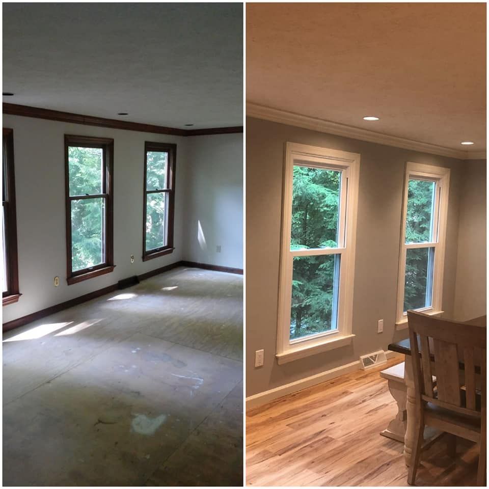 A before and after photo of a living room and dining room.